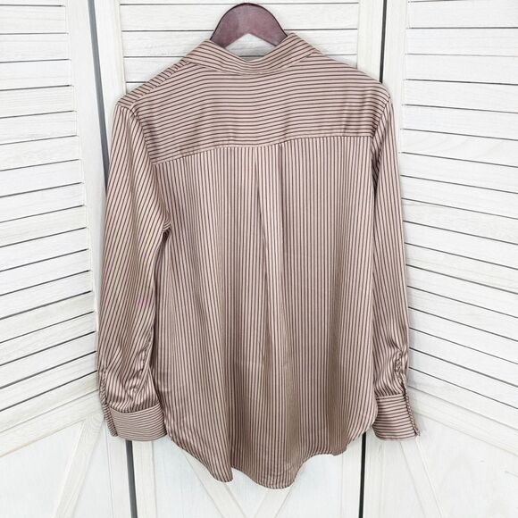The Workshop Satin Pinstripe Oversized Button Up Shirt Mocha Medium Boyfriend - Picture 11 of 15